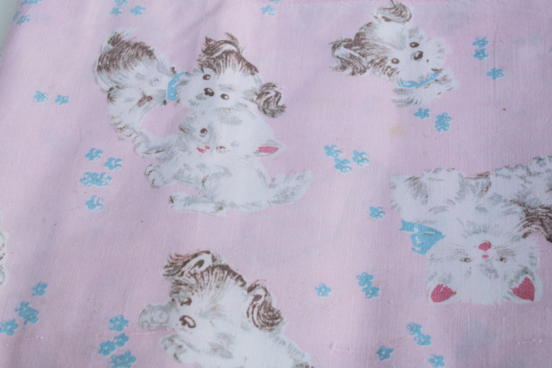 1950s vintage cotton fabric for upcycle, cute novelty print baby pink  blue puppies  kittens