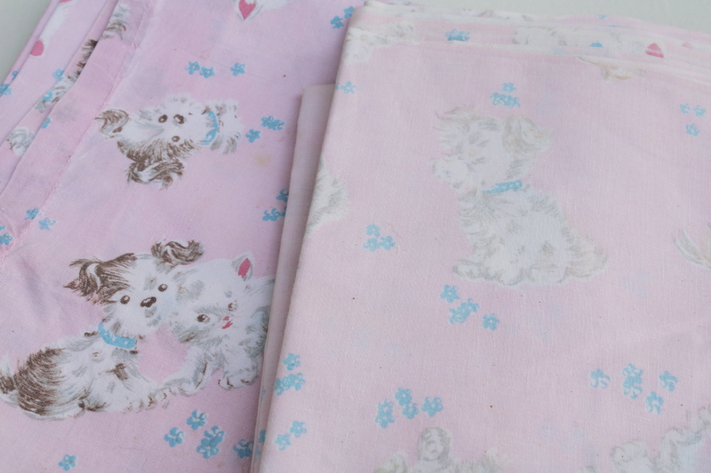 1950s vintage cotton fabric for upcycle, cute novelty print baby pink  blue puppies  kittens