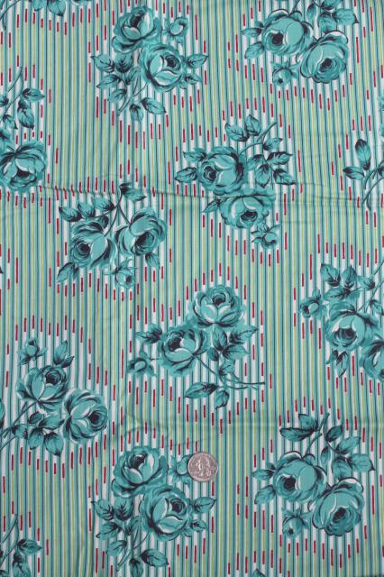1950s vintage cotton fabric, retro floral turquoise roses flowered print
