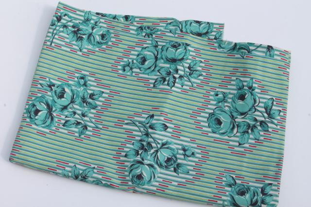 1950s vintage cotton fabric, retro floral turquoise roses flowered print