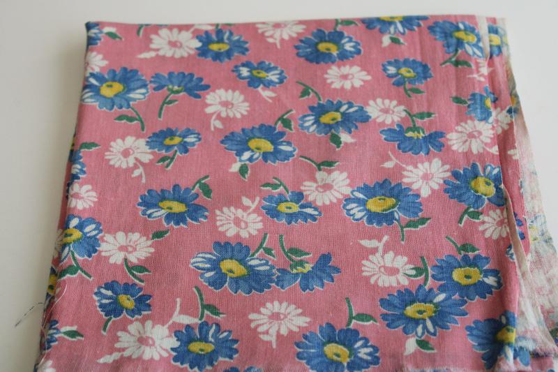 1950s vintage cotton feed sack fabric, blue daisies on pink floral print