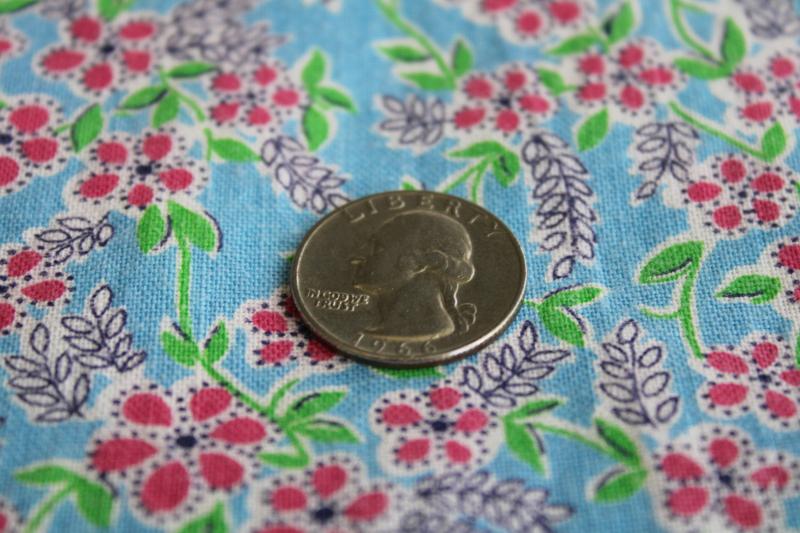 1950s vintage cotton feed sack fabric, little pink daisies on blue floral print