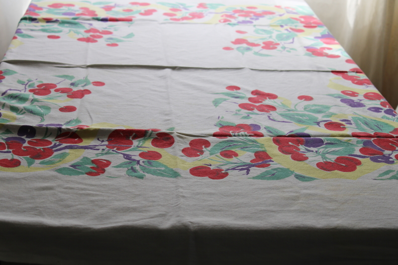 1950s vintage cotton kitchen tablecloth, cherries fruit print in red teal yellow plum blue