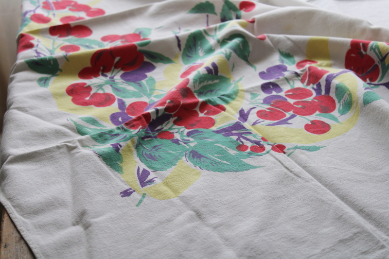 1950s vintage cotton kitchen tablecloth, cherries fruit print in red teal yellow plum blue