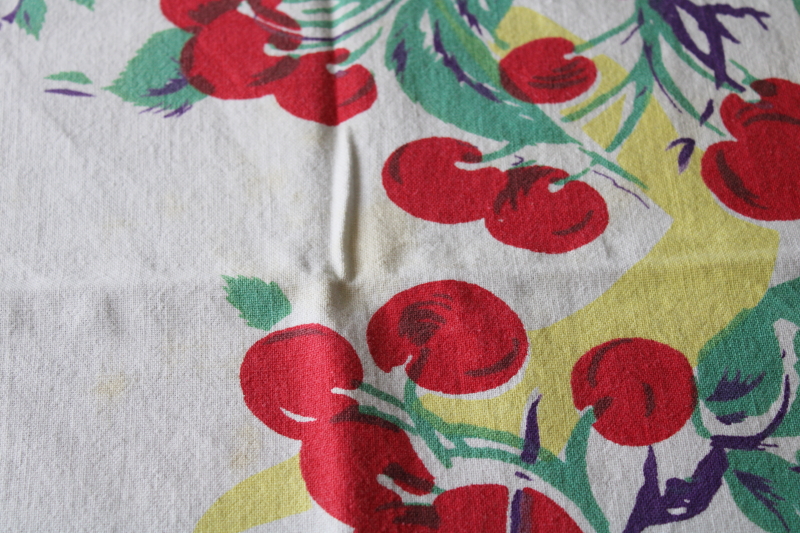 1950s vintage cotton kitchen tablecloth, cherries fruit print in red teal yellow plum blue