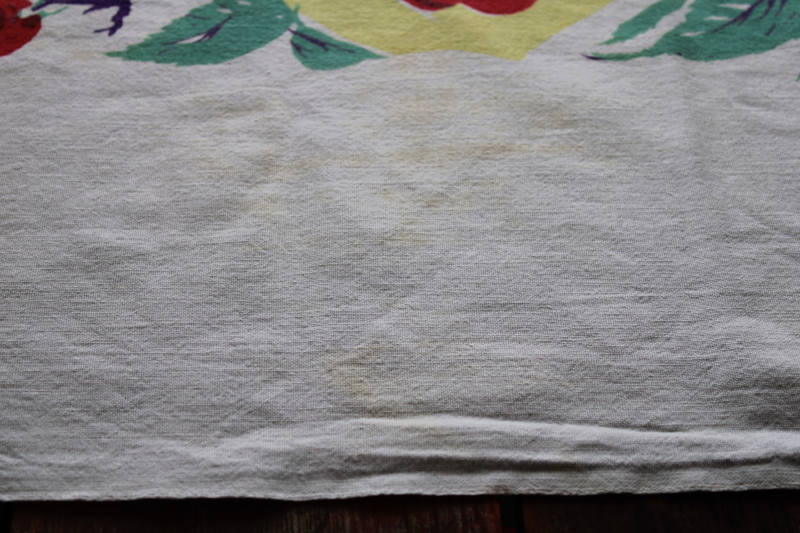 1950s vintage cotton kitchen tablecloth, cherries fruit print in red teal yellow plum blue