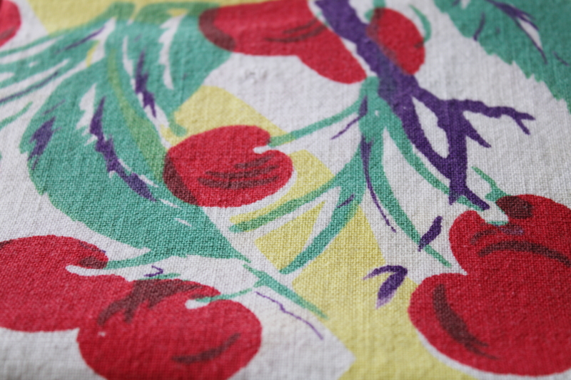 1950s vintage cotton kitchen tablecloth, cherries fruit print in red teal yellow plum blue