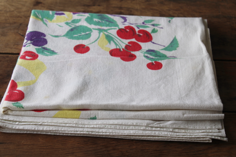 1950s vintage cotton kitchen tablecloth, cherries fruit print in red teal yellow plum blue