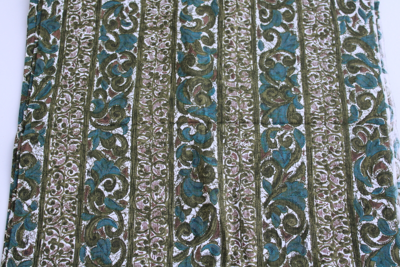 1950s vintage cotton print fabric, arty floral stripe teal blue  olive green w/ brown