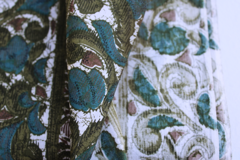 1950s vintage cotton print fabric, arty floral stripe teal blue  olive green w/ brown