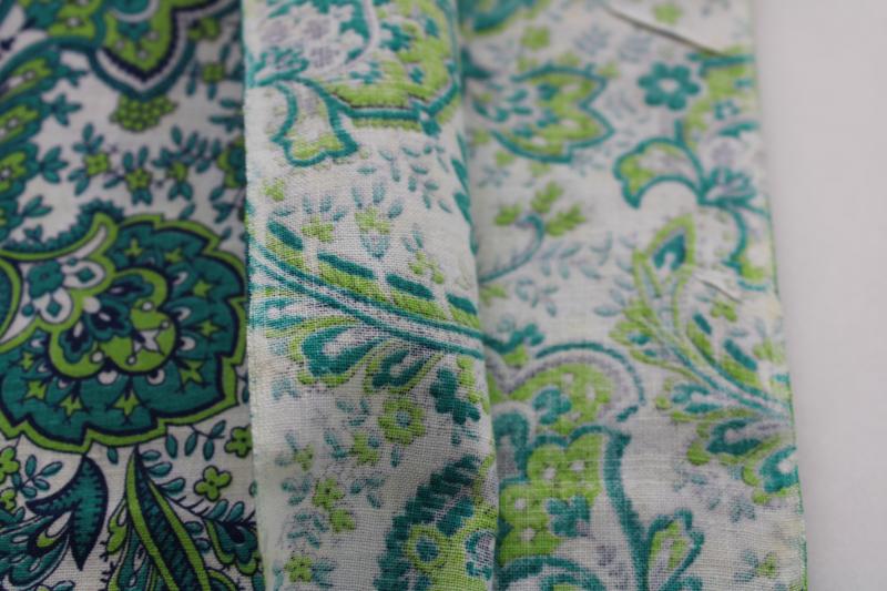 1950s vintage cotton print feedsack fabric, paisley pattern lime green & teal