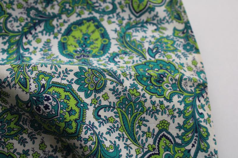 1950s vintage cotton print feedsack fabric, paisley pattern lime green & teal