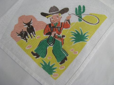 1950's vintage cotton print handkerchief, little cowboy on the range