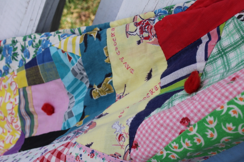 1950s vintage crazy quilt, patchwork cotton prints bright colors tied quilt