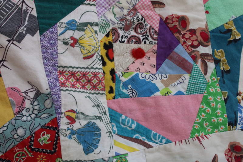 1950s vintage crazy quilt, patchwork cotton prints bright colors tied quilt