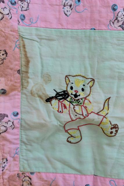 1950s vintage crib quilt, hand stitched embroidery baby animals pink & green blocks