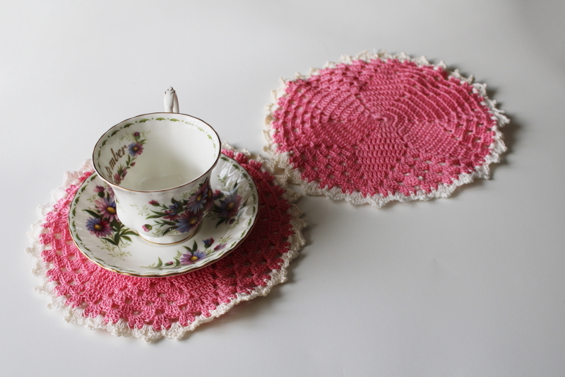 1950s vintage crocheted pot holders or place mats, pink cotton thread crochet