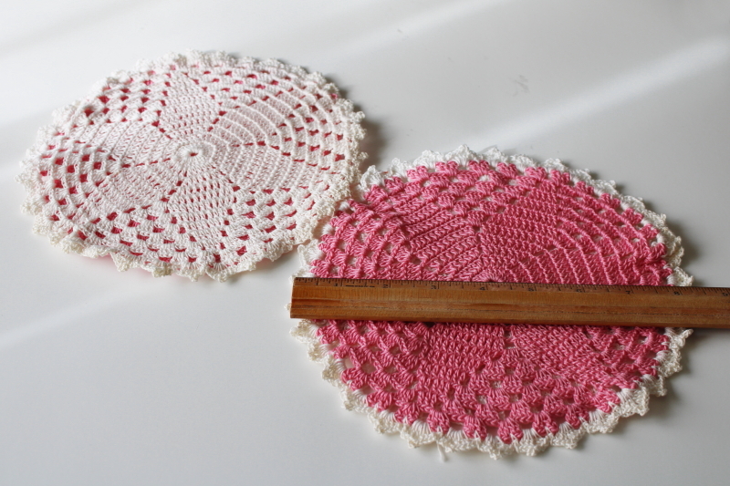 1950s vintage crocheted pot holders or place mats, pink cotton thread crochet