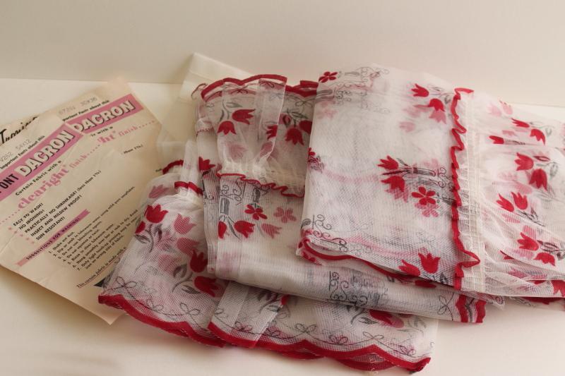 1950s vintage curtain panels & valance, unused white sheer curtains w/ red flocking flowers