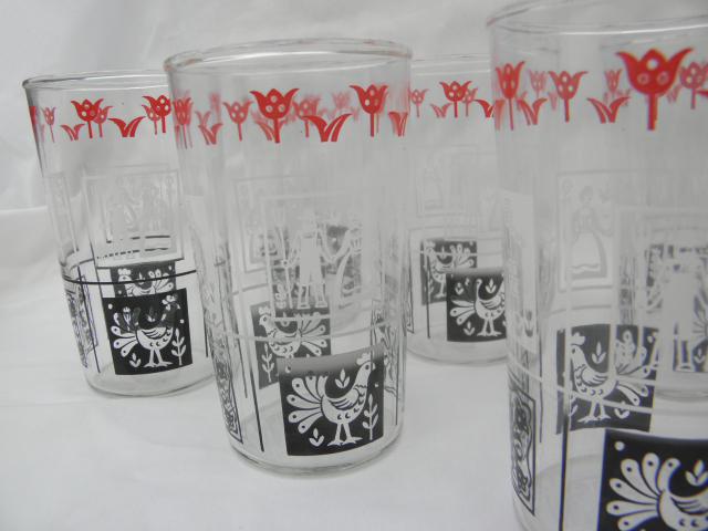 1950s vintage drinking glasses, country rooster red black white chanticleer