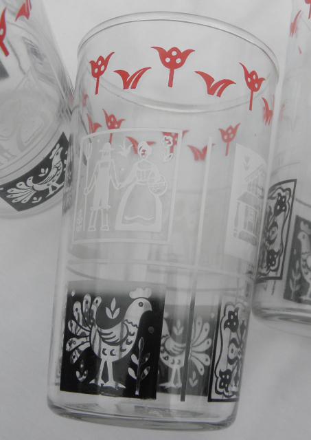 1950s vintage drinking glasses, country rooster red black white chanticleer