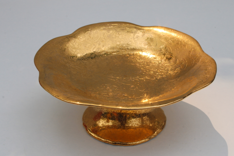 1950s vintage encrusted gold ceramic tazza or bonbon dish, small pedestal tray
