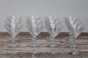 1950s vintage etched glass coupe champagne glasses, Cambridge Diane floral etch stemware