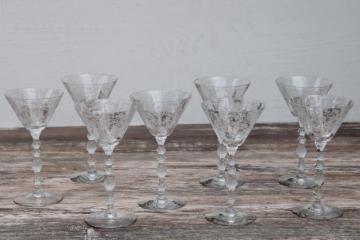 1950s vintage etched glass martini cocktail glasses, Cambridge Diane floral etch stemware