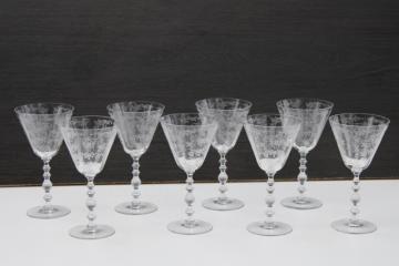 1950s vintage etched glass water goblets or big wine glasses, Cambridge Diane floral etch stemware