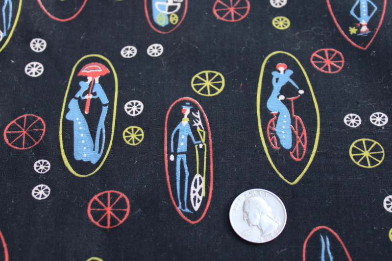 1950s vintage fabric, print cotton Gay 90s style Victorian girls w/ bicycles etc