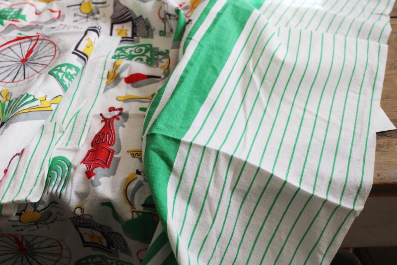 1950s vintage feed sacks, retro kitchen green border print cotton fabric