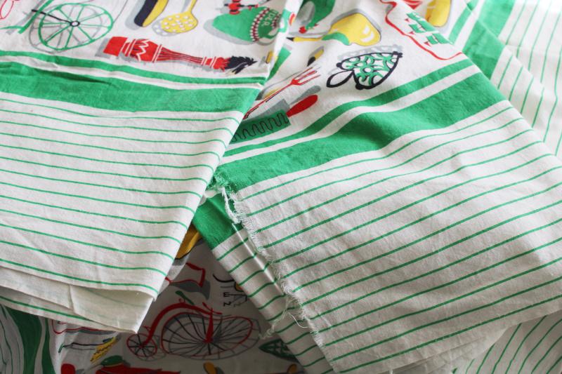 1950s vintage feed sacks, retro kitchen green border print cotton fabric
