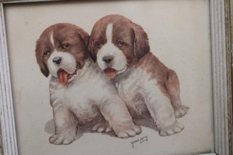 1950s vintage framed prints, Grace Lopez litho art puppies & kittens 