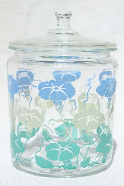 1950s vintage glass canister jars w/ heavenly blue morning glories, morning glory flowers