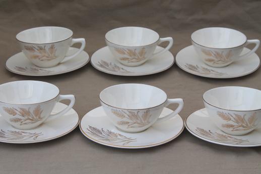1950s vintage gold wheat china, Knowles golden wheat pattern cups & saucers