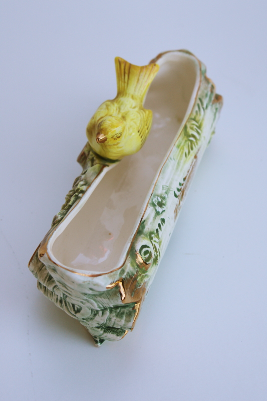 1950s vintage hand painted Japan china planter, yellow canary bird on log, Ucagco ceramics foil label