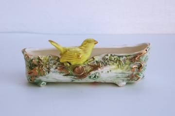 1950s vintage hand painted Japan china planter, yellow canary bird on log, Ucagco ceramics foil label