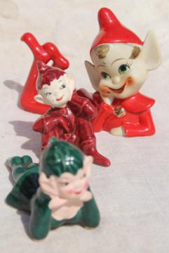1950s vintage hand painted ceramic pixies, elf on the shelf figurines