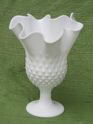 1950s vintage handkerchief vase, hobnail pattern milk glass