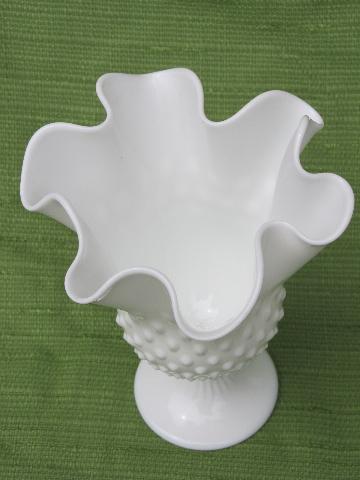 1950s vintage handkerchief vase, hobnail pattern milk glass