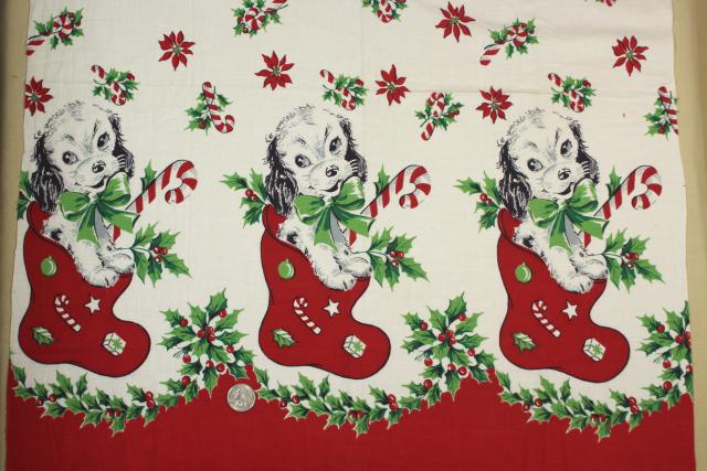 1950s vintage holiday novelty border print cotton fabric, Christmas ...