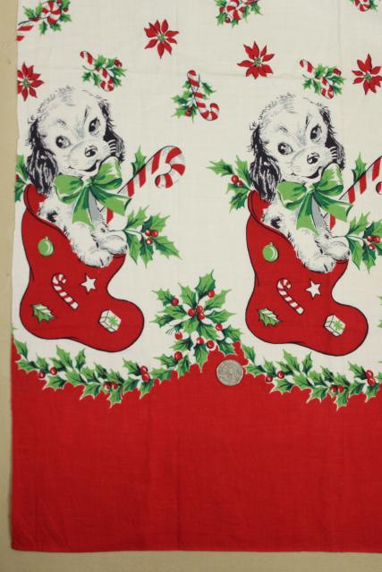 1950s vintage holiday novelty border print cotton fabric, Christmas stocking with puppy