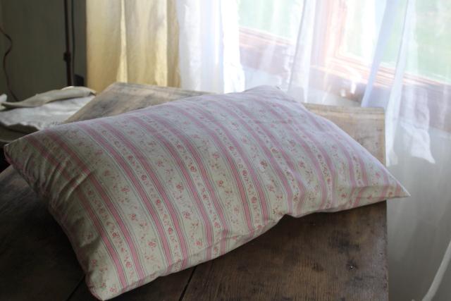 1950s vintage kapok filled bed pillow, pink & white print floral striped cotton ticking