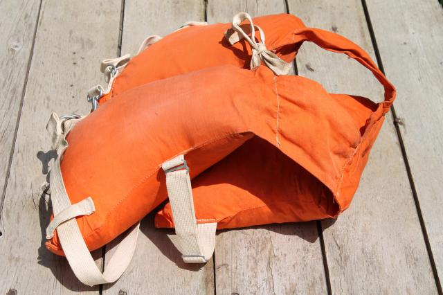 1950s vintage life preserver buoyant vest, kapok fill orange cotton life jacket