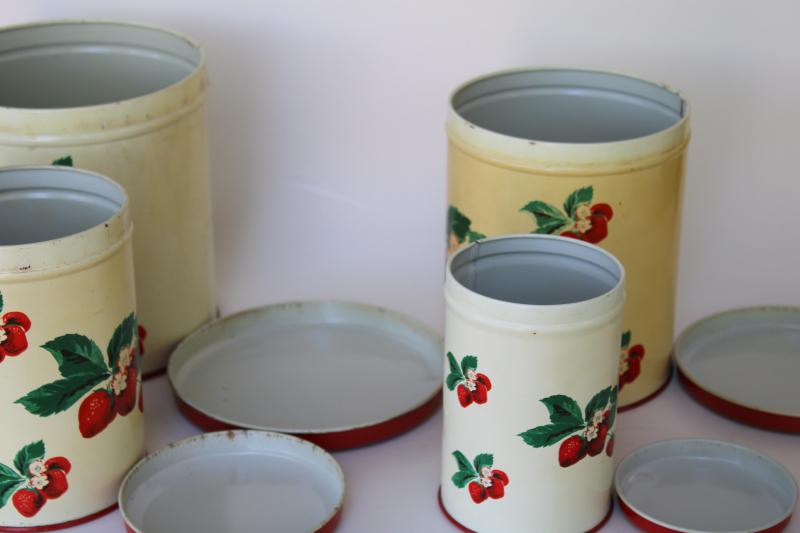1950s vintage metal kitchen canisters, nesting tins set w/ strawberry print