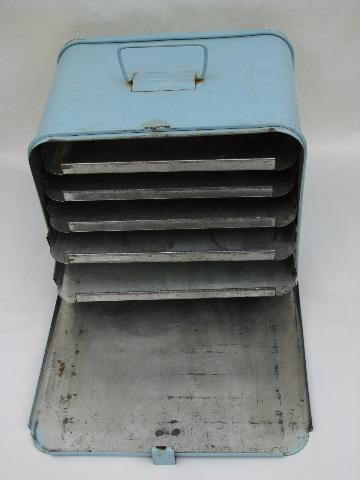 1950's vintage metal lunchbox w/ trays, picnic sandwich carrier box