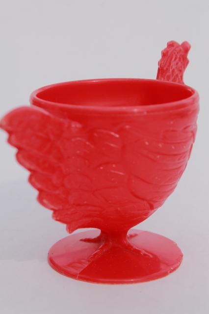 1950s vintage novelty egg cup, lustroware type hard plastic red hen chicken eggcup