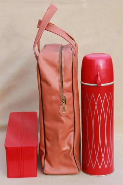 1950s vintage picnic set, Thermos bottle & red plastic fridge box for sandwiches
