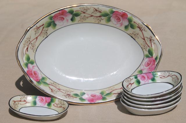 1950s vintage pink roses bowl & tiny nut dishes set, made in Japan hand-painted Nippon