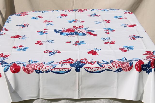 1950s vintage plastic tableclothw/ red & blue retro fruit, wipe-clean kitchen oilcloth